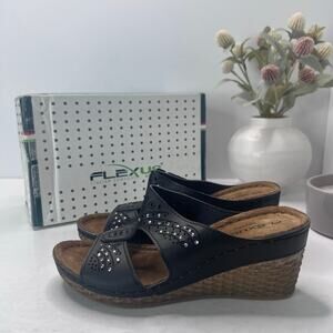 Flexus by Spring Step Mindela Strappy Studded Wedge Sandals Black Women 5.5/EU36